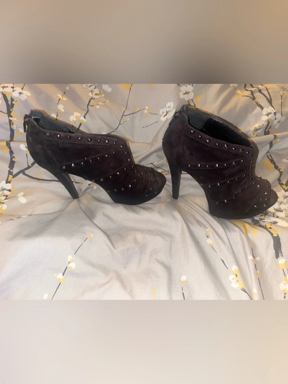 GUESS Dark Brown Studded Suede Peep-Toe Mules
